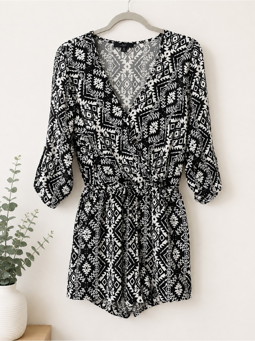 iris Black & White Geometric Long-Sleeve Wrap Romper
